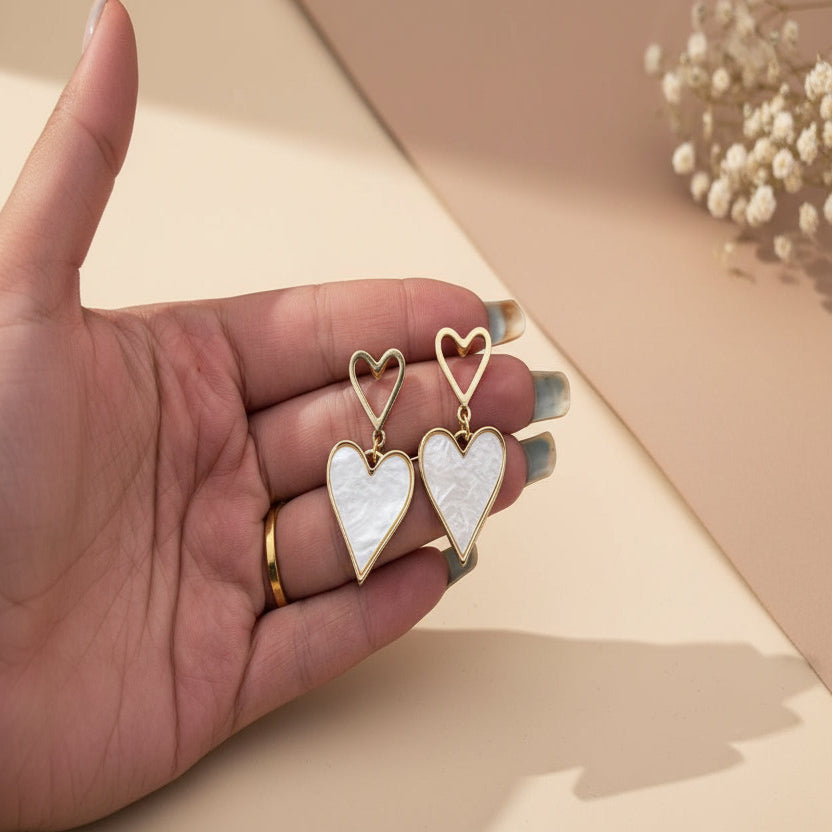 White enamel Double Heart Drop Earrings