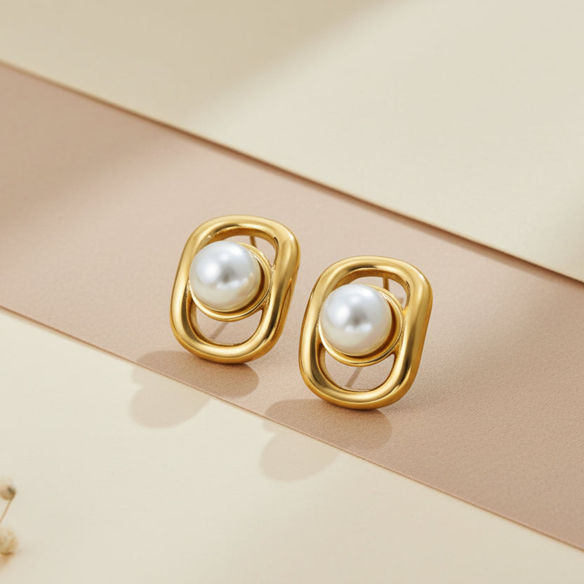 Golden Oval Pearl Studs