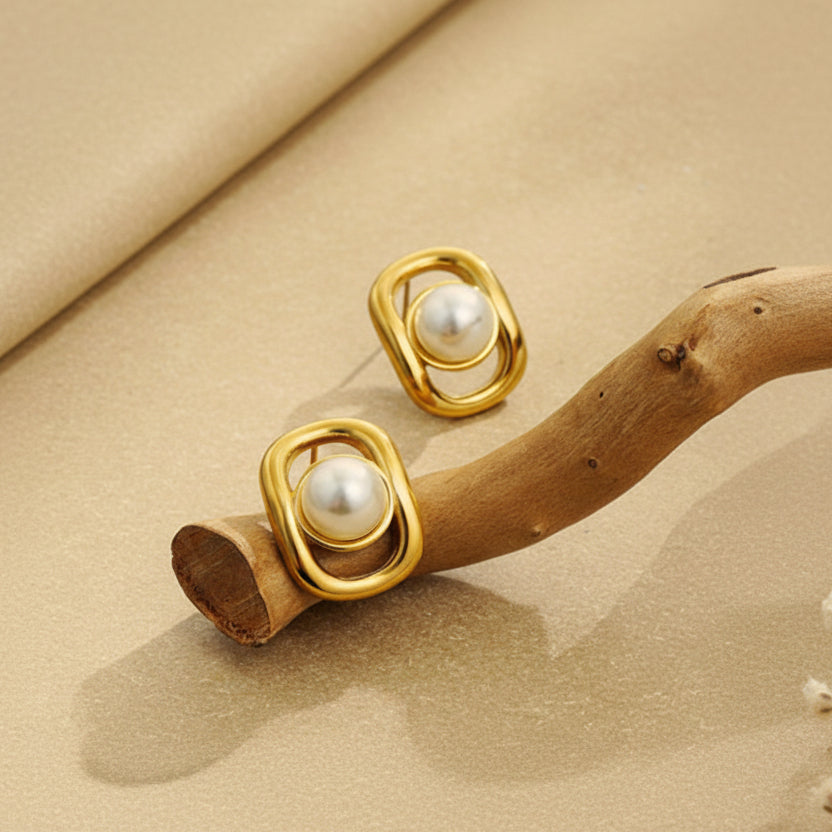 Golden Oval Pearl Studs
