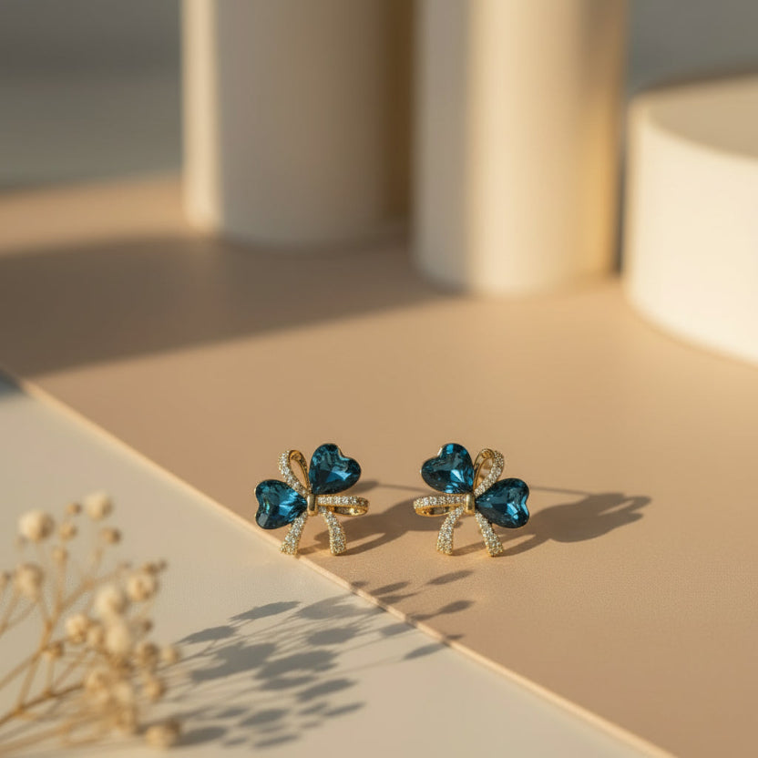 Blue Sapphire Heart Bow Stud