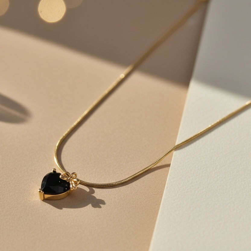 Gold Chain Necklace with Black Heart Crystal & Bow