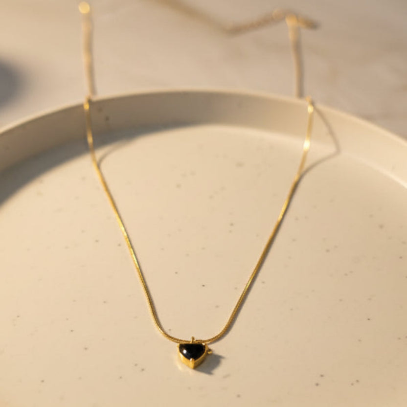 Gold Chain Necklace with Black Heart Crystal & Bow
