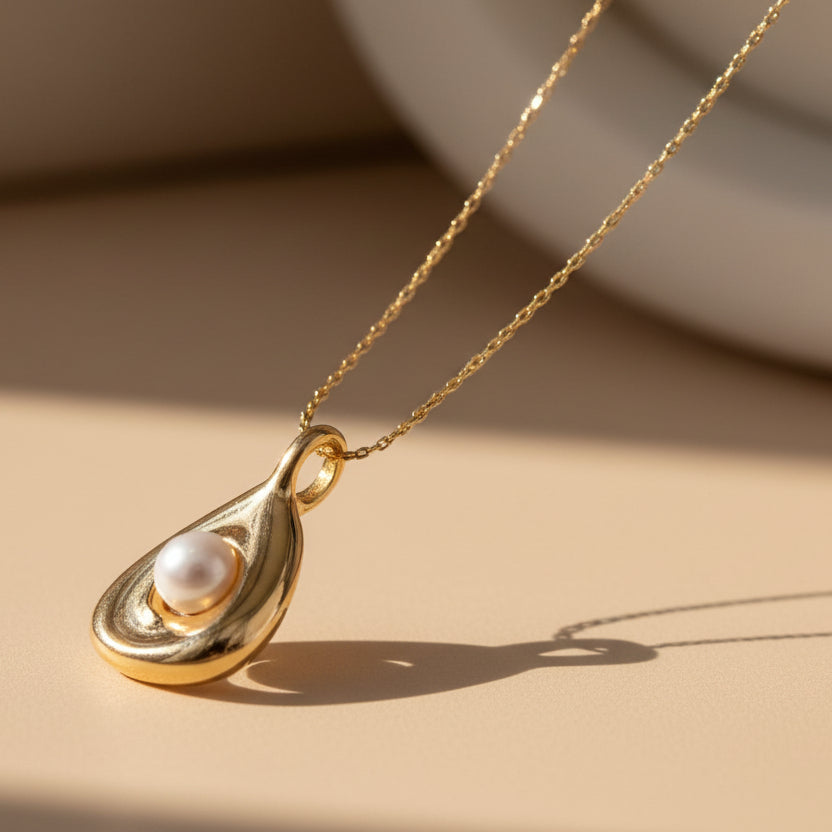Gold Teardrop Pendant Necklace with Floating Freshwater Pearl