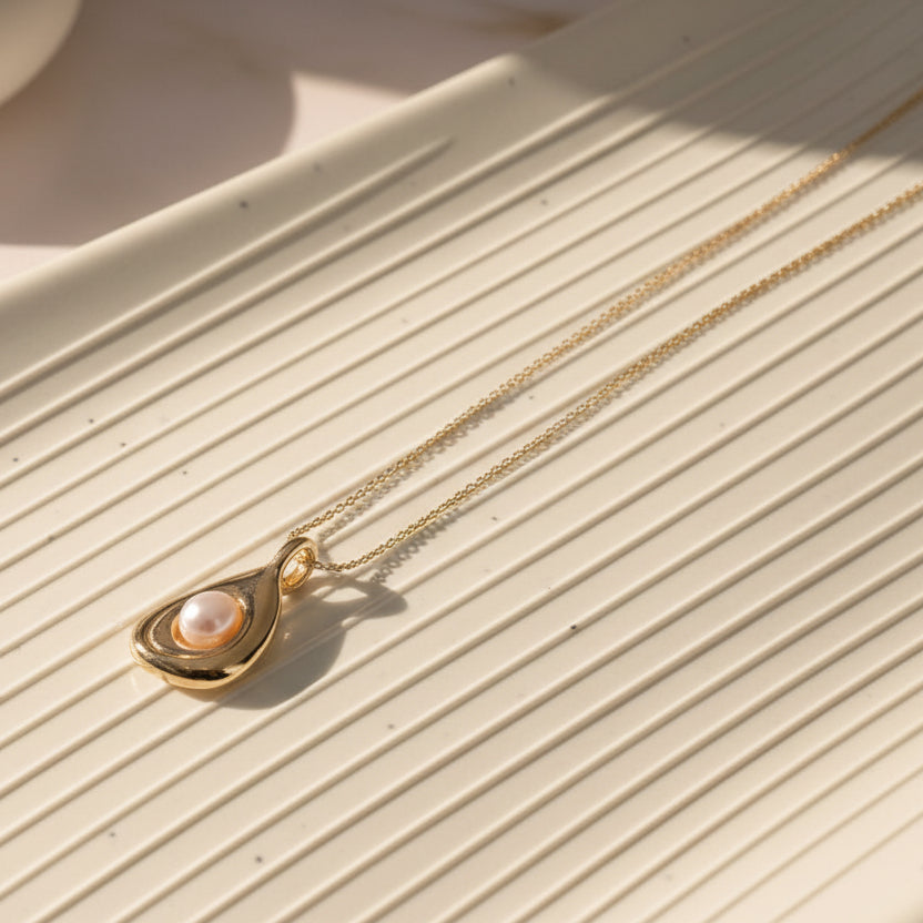 Gold Teardrop Pendant Necklace with Floating Freshwater Pearl