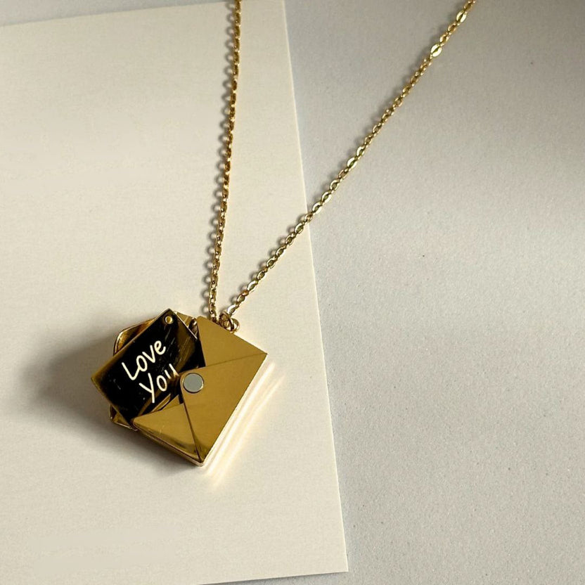Gold Envelope Locket Necklace – Secret "Love You" Message Pendant